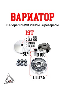 Вариатор в сборе 161QMK 200см3 с реверсом