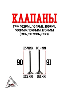 Клапаны ГРМ d=27 L=90; d=31 L=91 162FMJ,164FML,166FML,166FMM,167FMM,170FMM (CGN/NT/CBN/CBB) BMP-moto