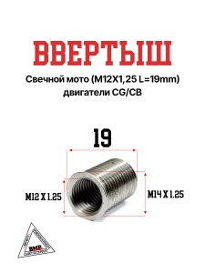 Ввертыш свечной мото (M12X1,25 L=19mm) двигатели
 CG/CB