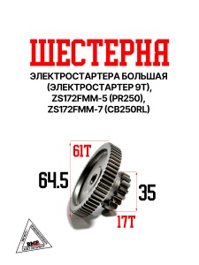 Шестерня электростартера большая (эл. стартер 9T), ZS172FMM-5 (PR250) ZS172FMM-7 (CB250RL) (ww1260)