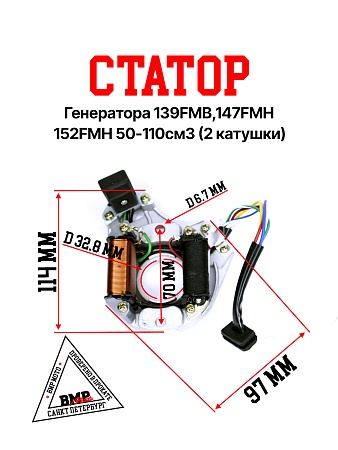 Статор генератора 139FMB,147FMH,152FMH 50-110см3 (2 катушки)